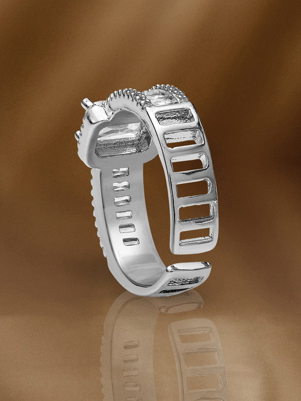Rubans Voguish Rhodium-Plated Stainless Steel Tarnish-Free Waterproof Baguette & Solitaire Cubic Zirconia Adjustable Ring Rings