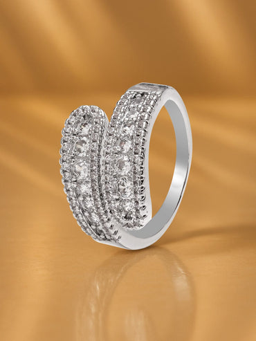 Rubans Voguish Rhodium-Plated Stainless Steel Tarnish-Free Waterproof Cubic Zirconia Adjustable Ring Rings