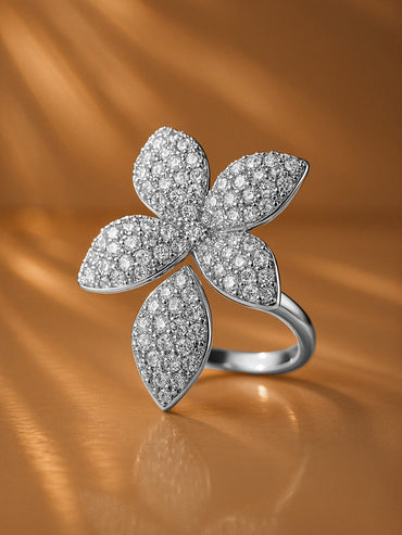 Rubans Voguish Rhodium-Plated Stainless Steel Tarnish-Free Waterproof Cubic Zirconia Floral Adjustable Ring Rings