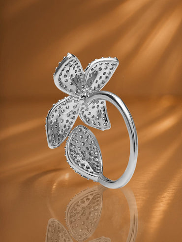 Rubans Voguish Rhodium-Plated Stainless Steel Tarnish-Free Waterproof Cubic Zirconia Floral Adjustable Ring Rings