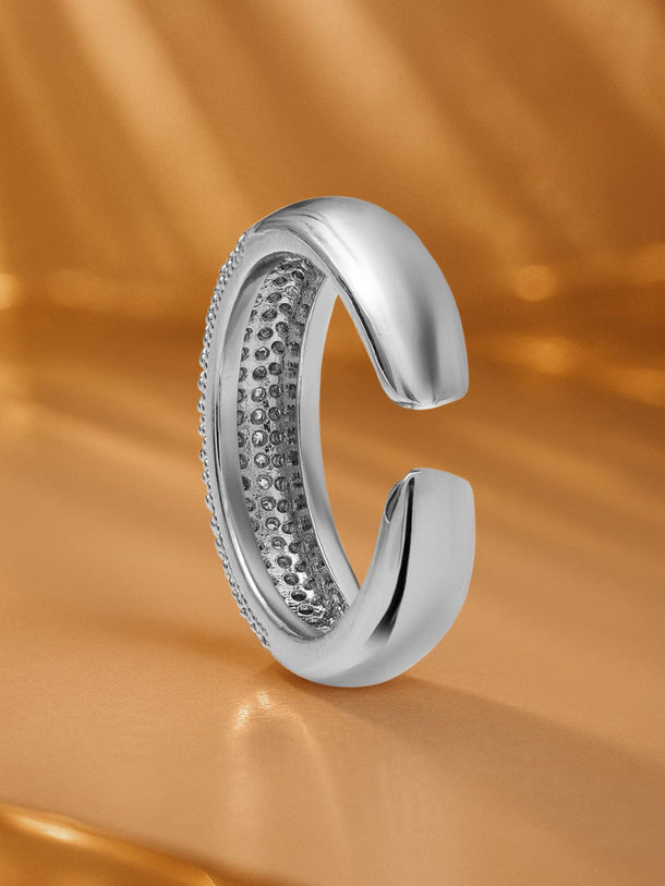 Rubans Voguish Rhodium-Plated Stainless Steel Tarnish-Free Waterproof Cubic Zirconia Wide Band Adjustable Ring Rings