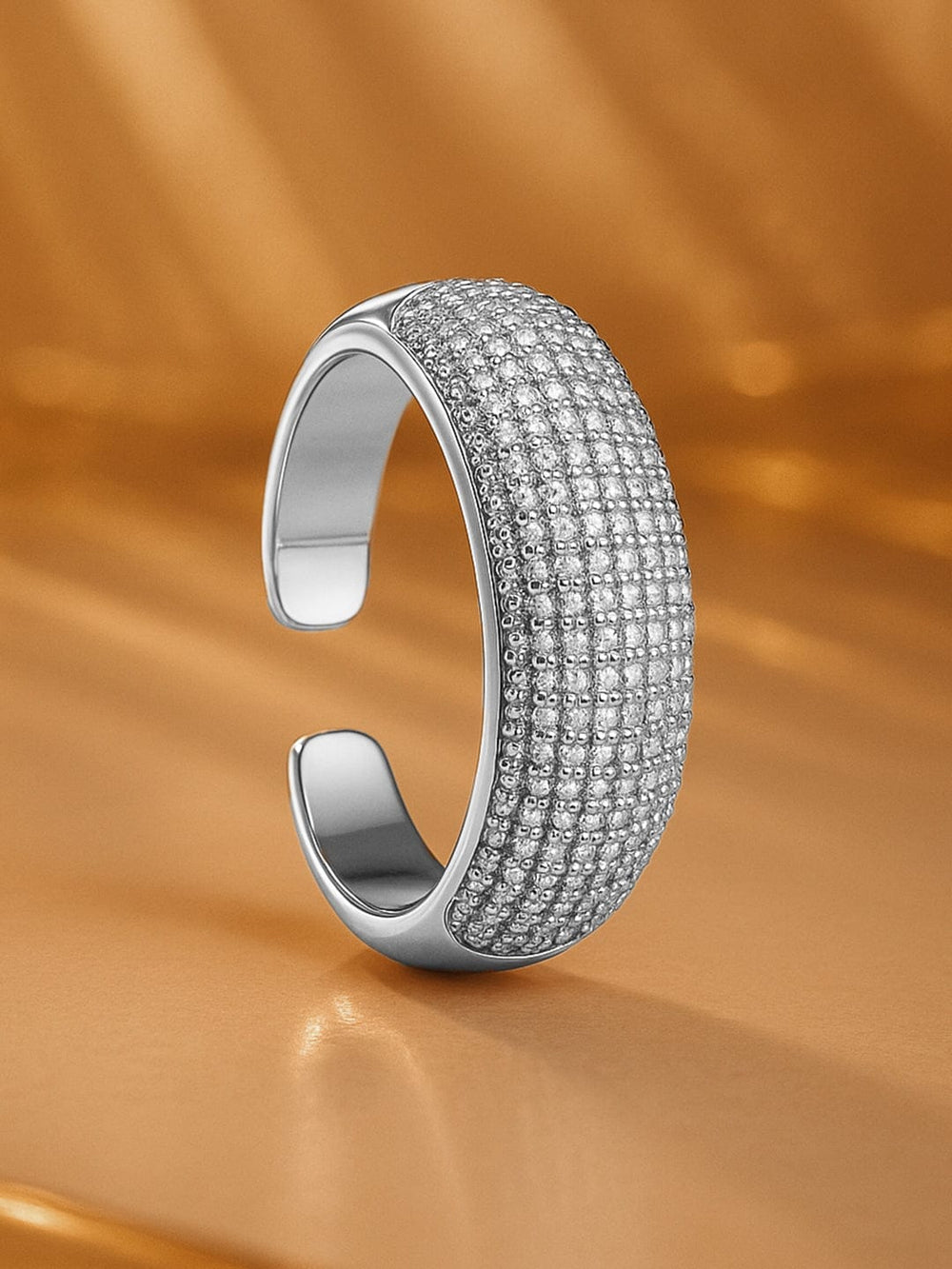 Rubans Voguish Rhodium-Plated Stainless Steel Tarnish-Free Waterproof Cubic Zirconia Wide Band Adjustable Ring Rings