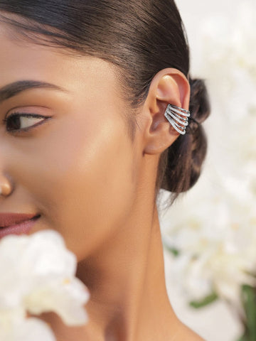 Rubans Voguish Rhodium-Plated Stainless Steel Tarnish-Free Waterproof Ear Cuff with Cubic Zirconia Detailing – 1 Piece Pack Ear Cuff