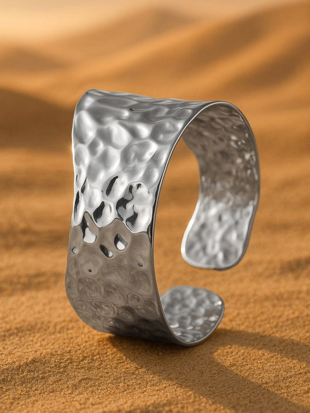 Rubans Voguish Rhodium-Plated Stainless Steel Tarnish-Free Waterproof Hammered Cuff Bracelet Bracelet