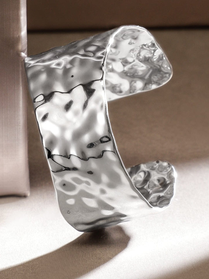 Rubans Voguish Rhodium-Plated Stainless Steel Tarnish-Free Waterproof Hammered Cuff Bracelet Wristwear