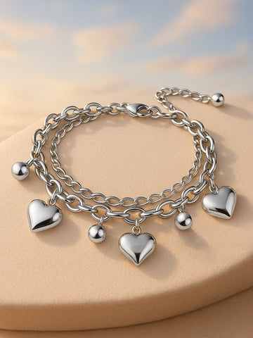 Rubans Voguish Rhodium-Plated Stainless Steel Tarnish-Free Waterproof Heart & Beads Bracelet Bracelet