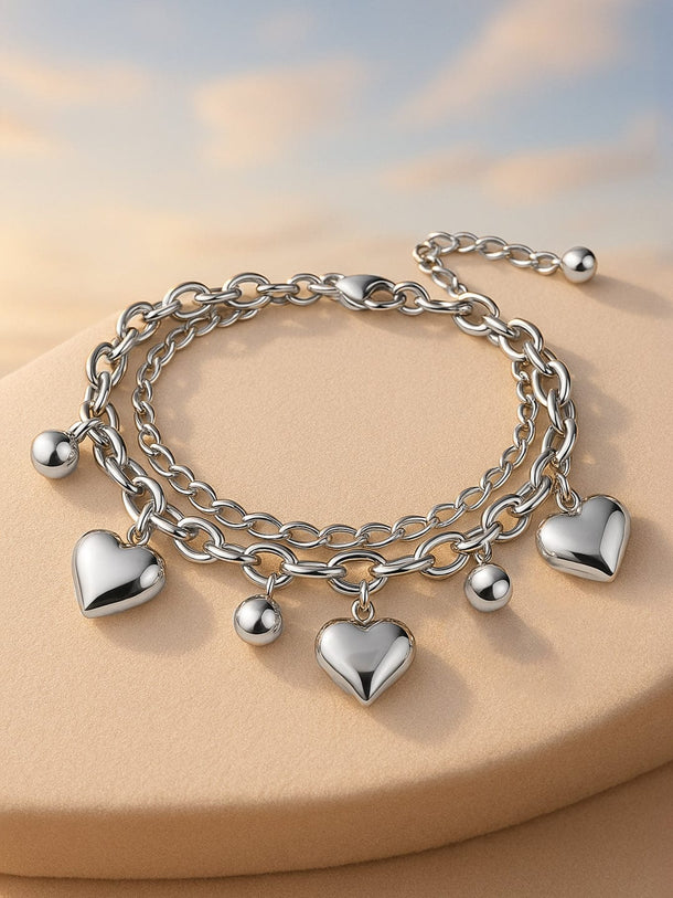 Rubans Voguish Rhodium-Plated Stainless Steel Tarnish-Free Waterproof Heart & Beads Bracelet Bracelet