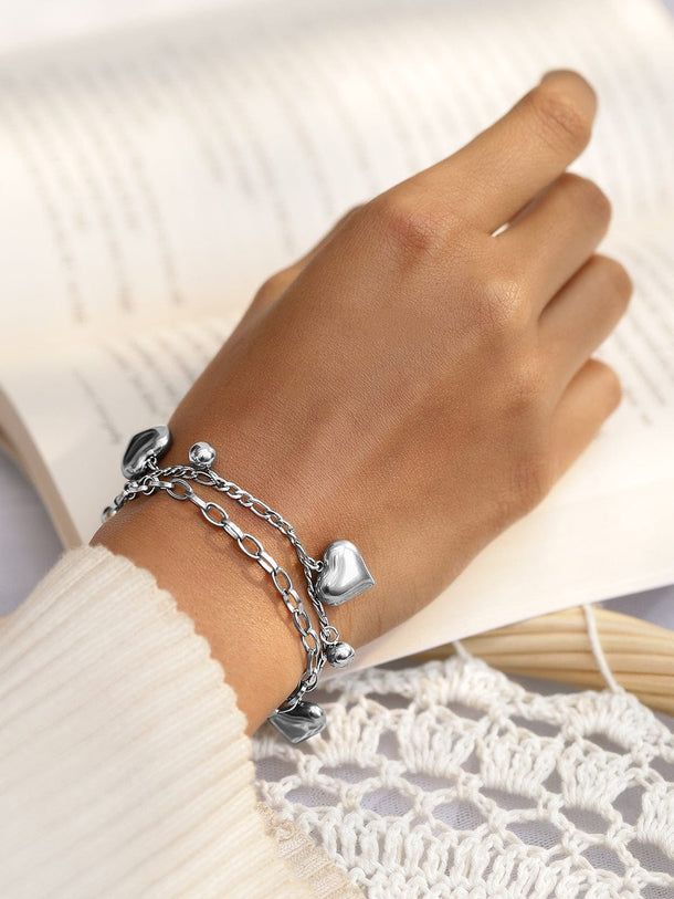 Rubans Voguish Rhodium-Plated Stainless Steel Tarnish-Free Waterproof Heart & Beads Bracelet Wristwear