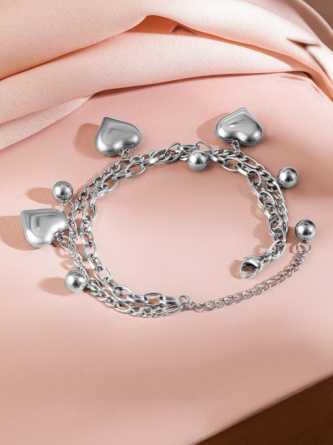 Rubans Voguish Rhodium-Plated Stainless Steel Tarnish-Free Waterproof Heart & Beads Bracelet Wristwear