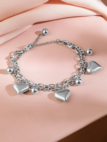 Rubans Voguish Rhodium-Plated Stainless Steel Tarnish-Free Waterproof Heart & Beads Bracelet Wristwear