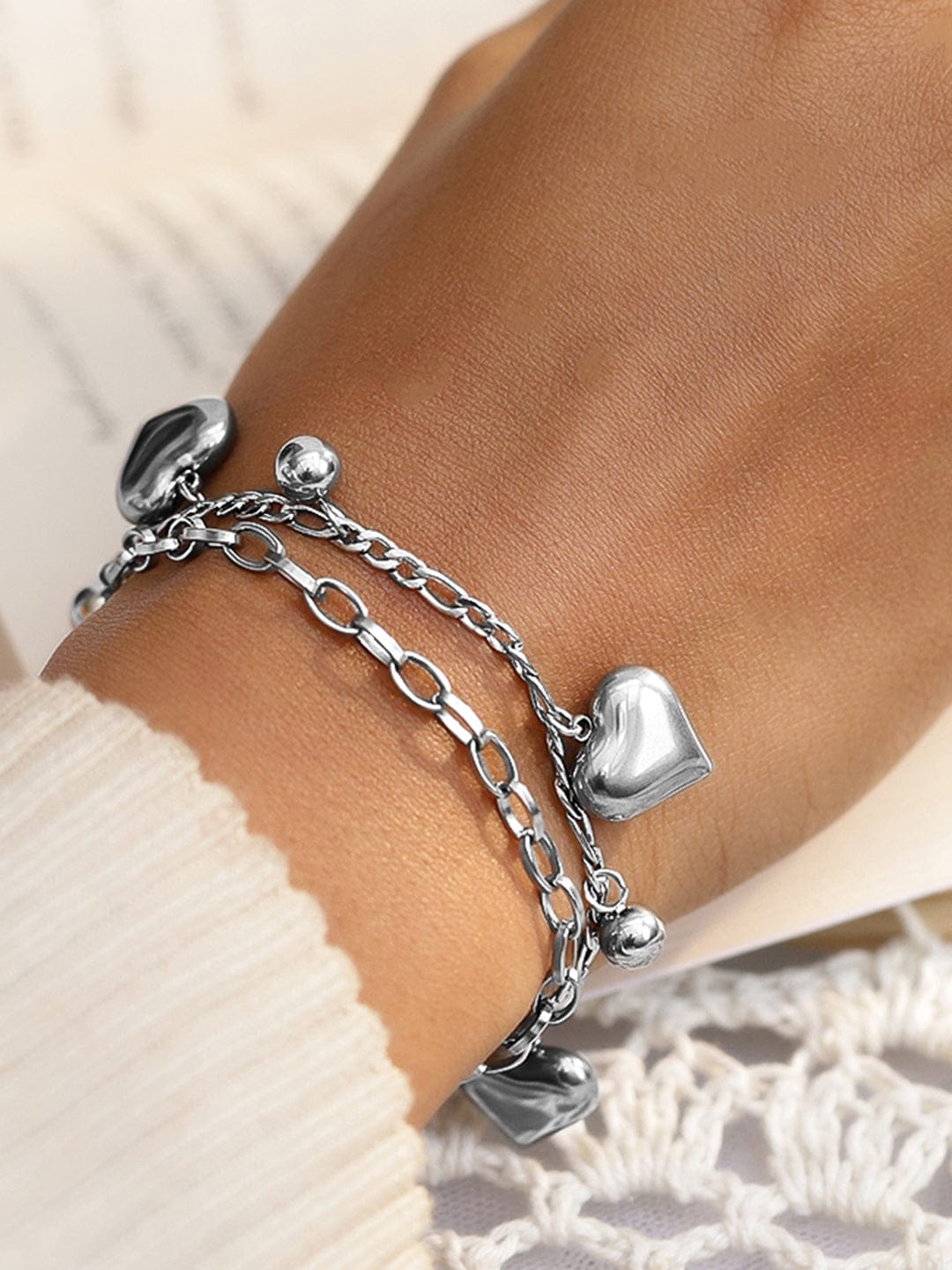 Rubans Voguish Rhodium-Plated Stainless Steel Tarnish-Free Waterproof Heart & Beads Bracelet Wristwear