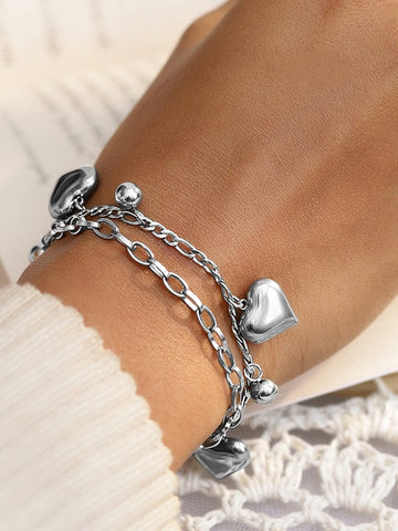 Rubans Voguish Rhodium-Plated Stainless Steel Tarnish-Free Waterproof Heart & Beads Bracelet Wristwear