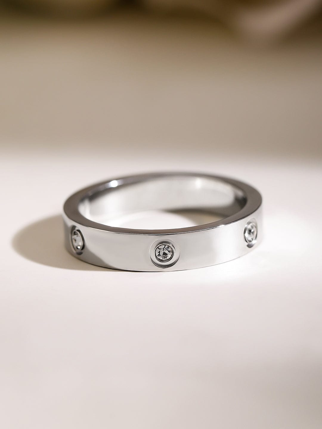 Rubans Voguish Rhodium-Plated Stainless Steel Tarnish-Free Waterproof Zirconia Band Ring Rings