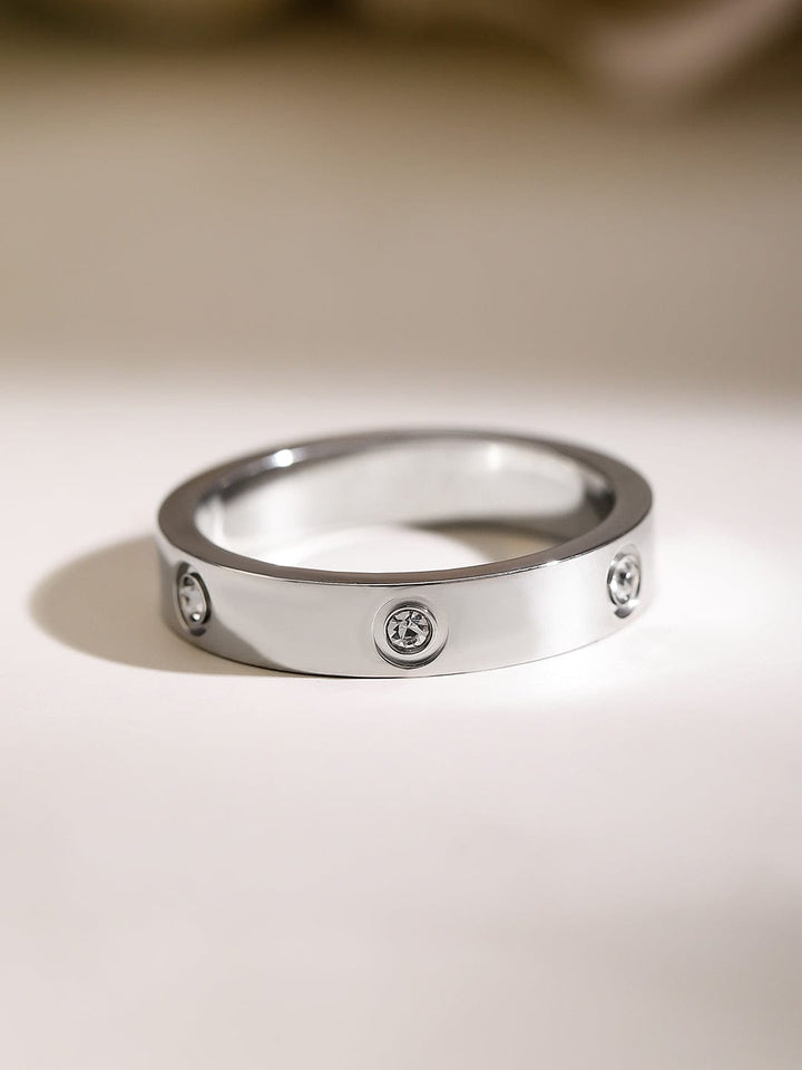 Rubans Voguish Rhodium-Plated Stainless Steel Tarnish-Free Waterproof Zirconia Band Ring Rings
