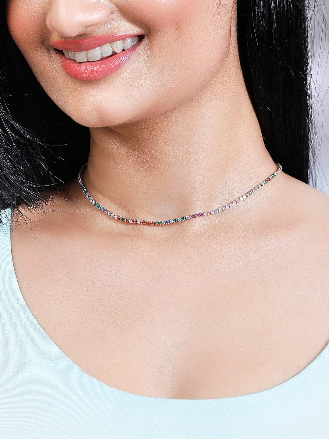 Rubans Voguish Rhodium Plated Stainless Steel Waterproof Multicoloured Zircons Studded Tennis Necklace. Necklaces, Necklace Sets, Chains & Mangalsutra