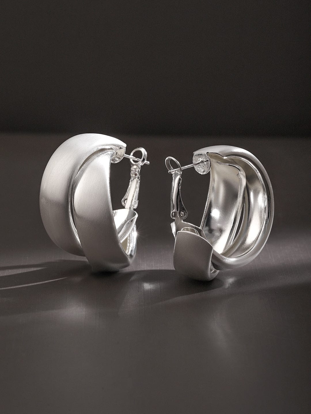 Rubans Voguish Rhodium-Plated Twisted Hoop Earrings with Matte & Polished Finish Earrings