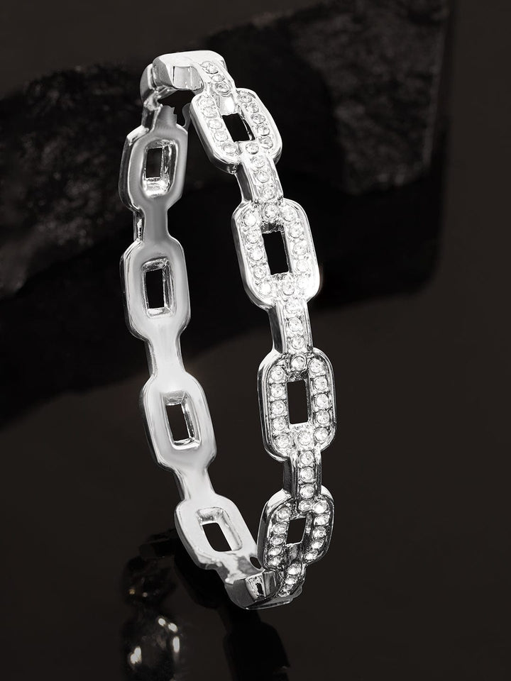 Rubans Voguish Rhodium Plated Zirconia Paperclip Link Patterned Bracelet Bangles & Bracelets