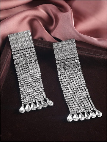 Rubans Voguish Rhodium plated Zirconia Statement Shoulder Duster Earrings Earrings