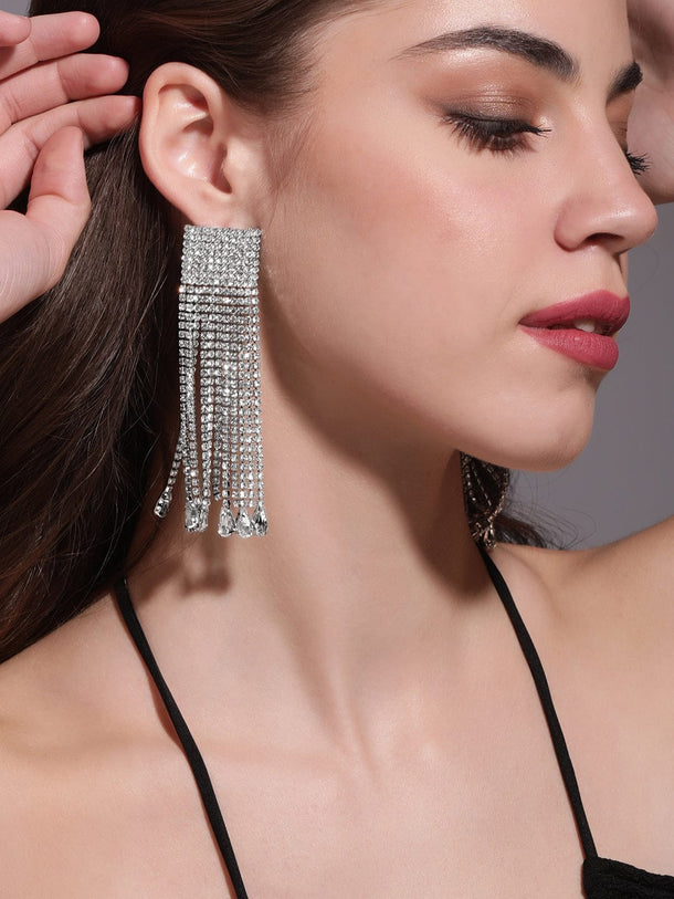 Rubans Voguish Rhodium plated Zirconia Statement Shoulder Duster Earrings Earrings