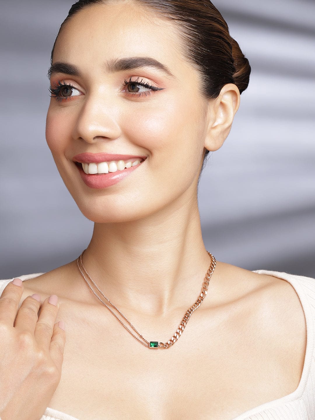 Rubans Voguish Rose Gold Plated Emerald Studded Dual Chained Necklace Necklace and Chains