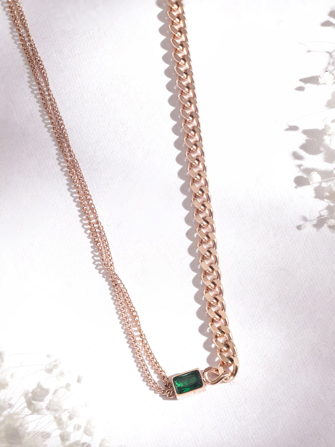 Rubans Voguish Rose Gold Plated Emerald Studded Dual Chained Necklace Necklace and Chains