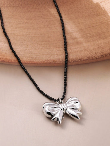 Rubans Voguish Rubans Rhodium Plated Black Beaded Necklace with Silver Bow Pendant Necklace and Chains