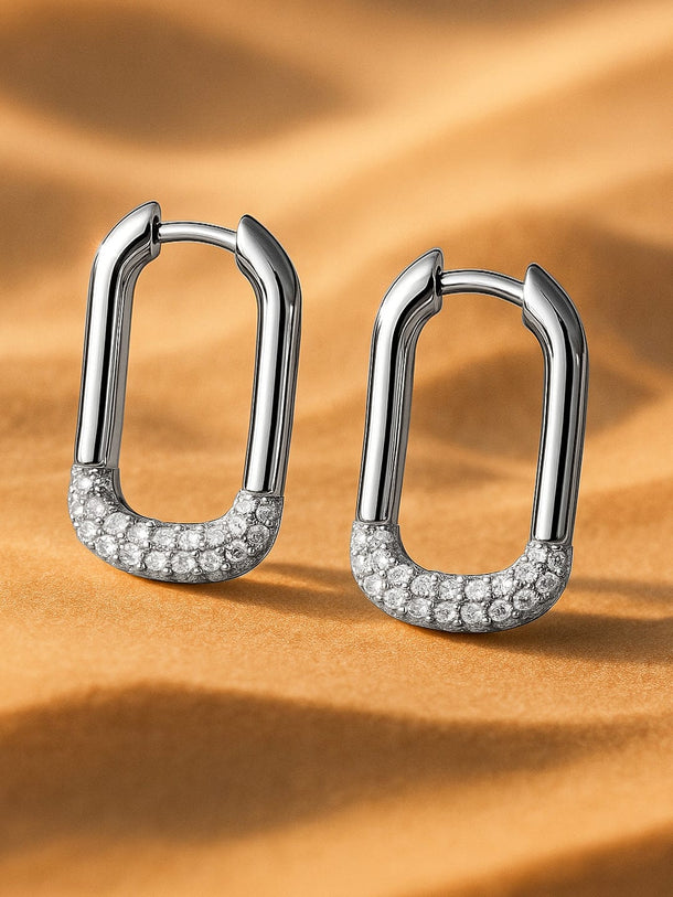 Rubans Voguish Rubans Rhodium Plated Rectangular Hoop Earrings with Cubic Zirconia Accents Earrings
