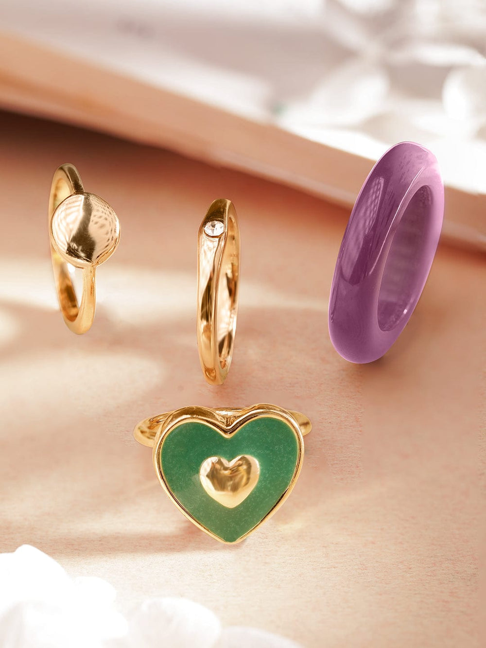 Rubans Voguish Set of 4 Gold-Plated Purple Green Enamel Finger Rings Rings