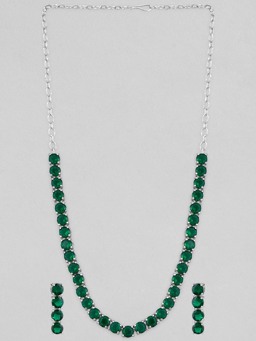 Rubans Voguish Silver-Plated & Green Stone-Studded Jewellery Set Necklace Set