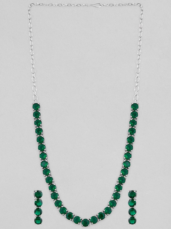 Rubans Voguish Silver-Plated & Green Stone-Studded Jewellery Set Necklace Set