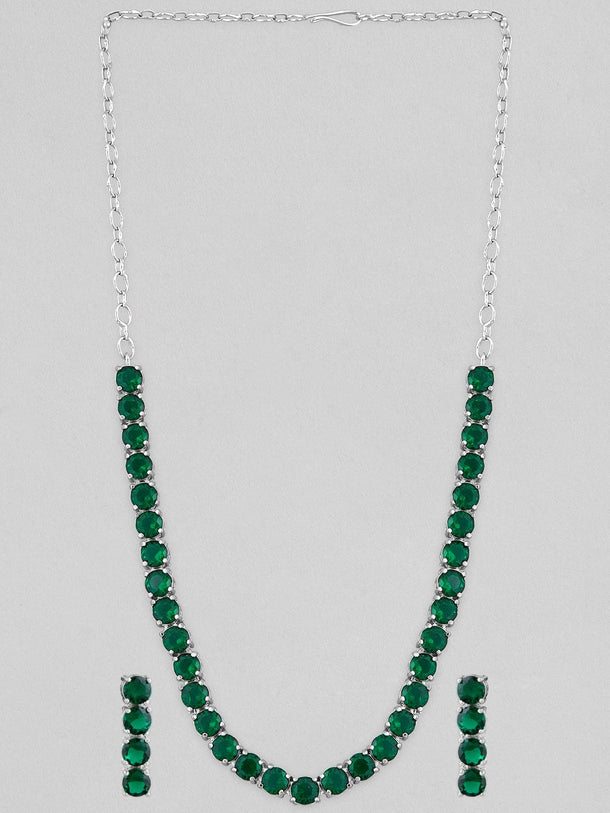 Rubans Voguish Silver-Plated & Green Stone-Studded Jewellery Set Necklace Set