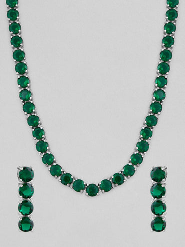 Rubans Voguish Silver-Plated & Green Stone-Studded Jewellery Set Necklace Set