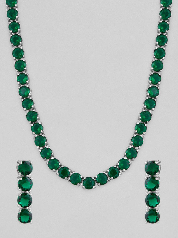 Rubans Voguish Silver-Plated & Green Stone-Studded Jewellery Set Necklace Set