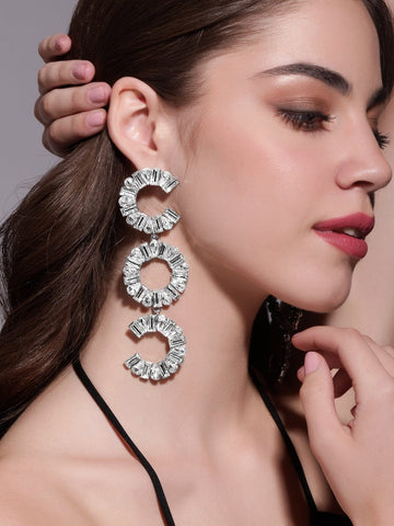 Rubans Voguish Silver Plated Long Shoulder Duster Dazzling Earrings with Crystal Zirconia Stone Detailing Earrings
