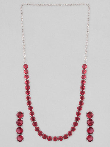 Rubans Voguish Silver-Plated Pink Stone Studded Handcrafted Jewellery Set Necklace Set