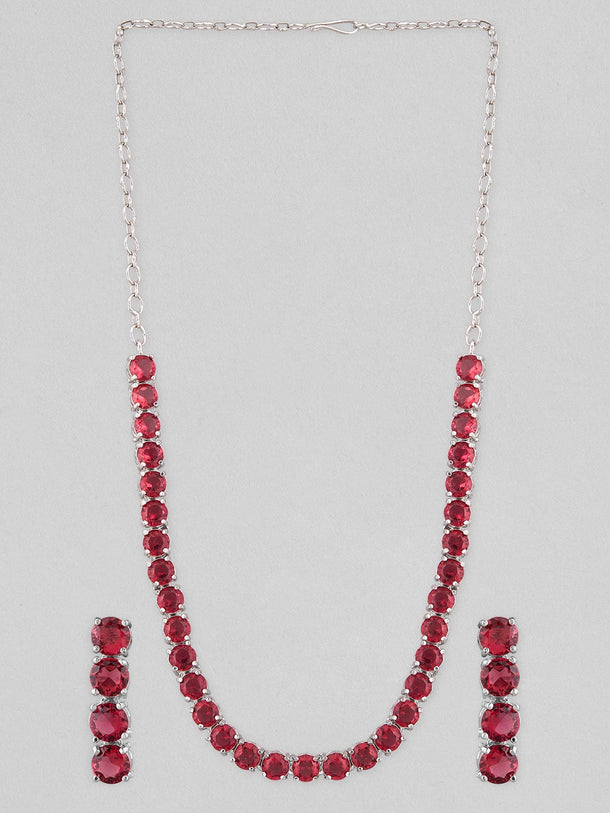 Rubans Voguish Silver-Plated Pink Stone Studded Handcrafted Jewellery Set Necklace Set