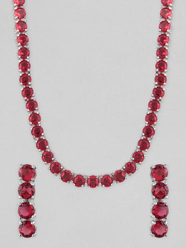 Rubans Voguish Silver-Plated Pink Stone Studded Handcrafted Jewellery Set Necklace Set
