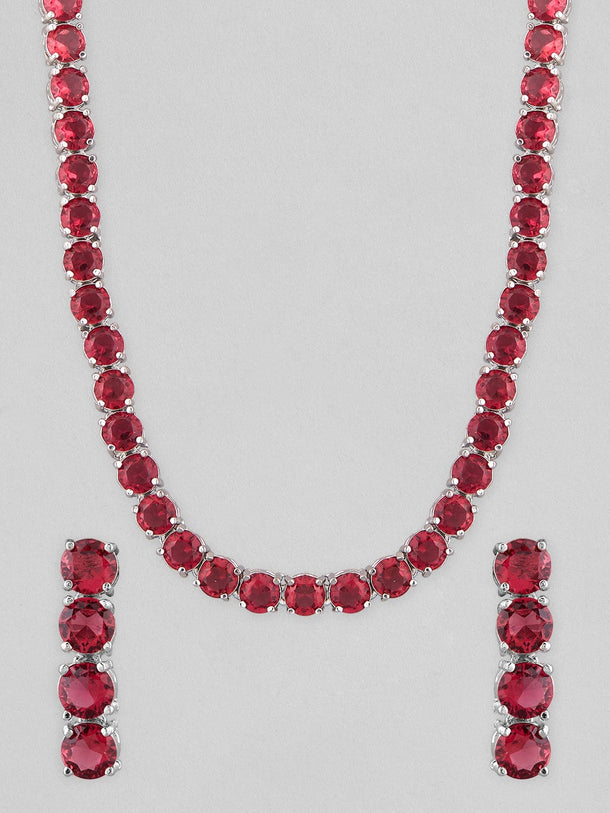 Rubans Voguish Silver-Plated Pink Stone Studded Handcrafted Jewellery Set Necklace Set
