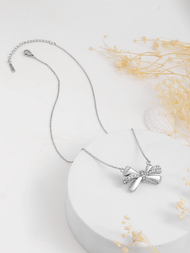 Rubans Voguish Silver Plated Stainless Steel Tarnish-Free Waterproof Bow Pendant Necklace Necklace & Chains