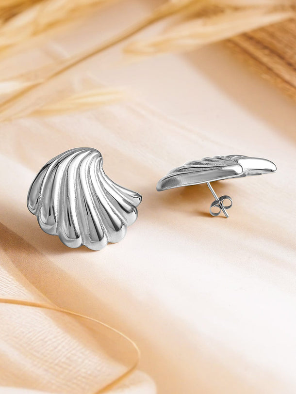 Rubans Voguish Silver Plated Stainless Steel Tarnish-Free Waterproof Shell Design Stud Earrings Earrings