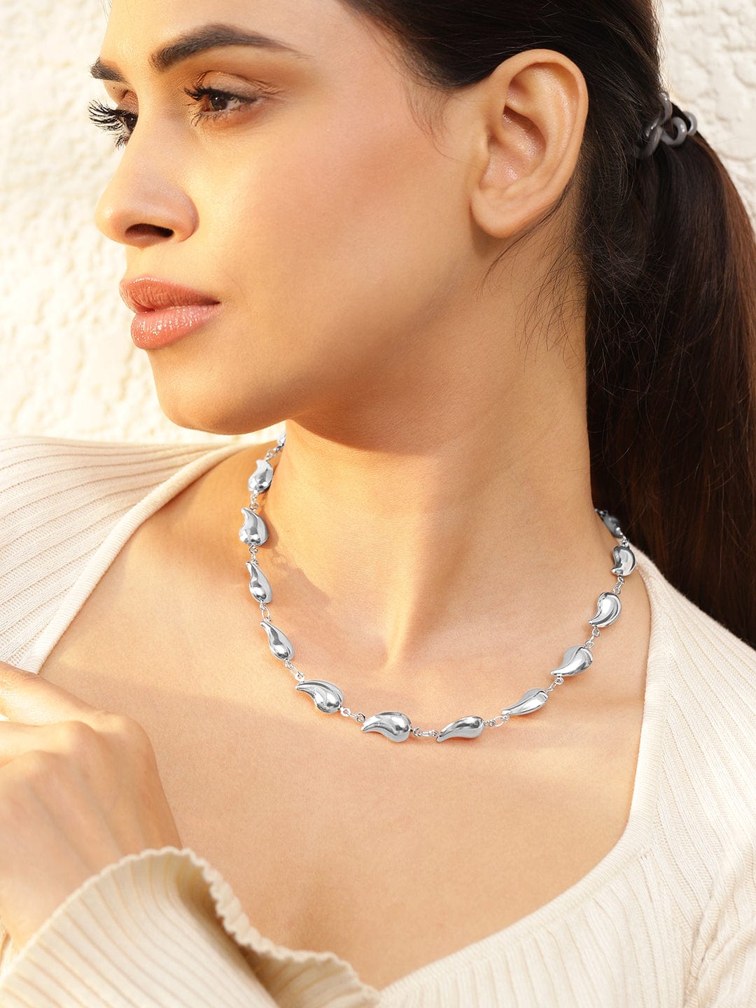 Rubans Voguish Silver Plated Stainless Steel Tarnish-Free Waterproof Tear Drop Motif Statement Necklace Necklace & Chains