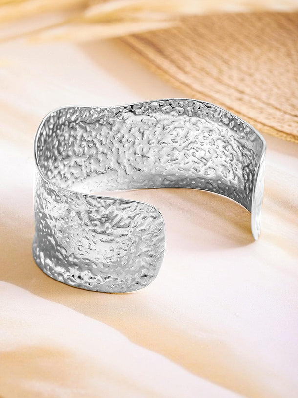 Rubans Voguish Silver Plated Stainless Steel TarnishFree Waterproof Hammered Cuff Bracelet Wristwear