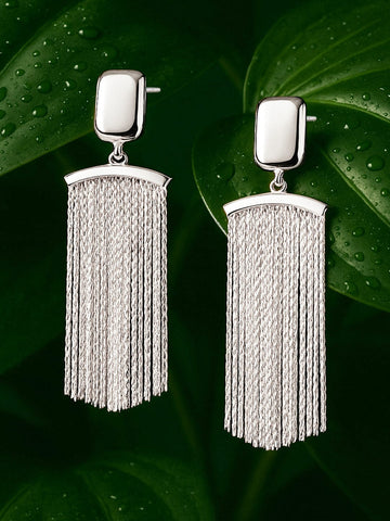 Rubans Voguish Silver-Plated Textured Fringe Chain Statement Long Drop Earrings Drop Earrings