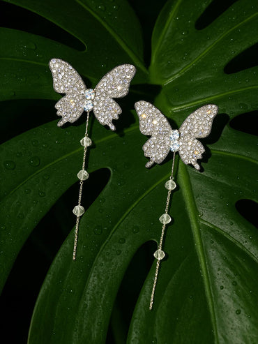 Rubans Voguish Silver Tone Shimmery Zirconia studded Butterfly Dangle Drop Earrings with Beaded Hangings Earrings