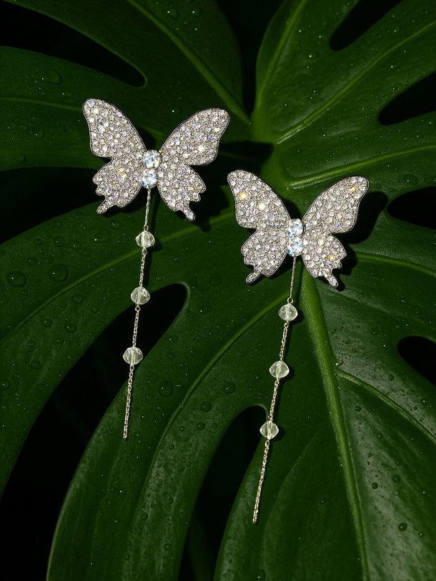 Rubans Voguish Silver Tone Shimmery Zirconia studded Butterfly Dangle Drop Earrings with Beaded Hangings Earrings