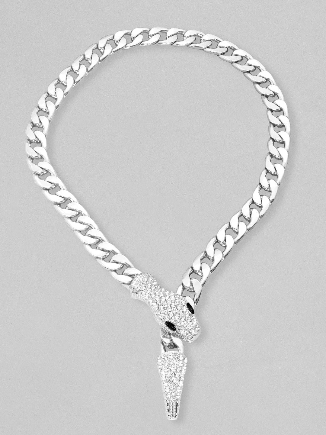 Rubans Voguish Silver Toned Link Style Serpent Chain With Zircon Stones Studded. Chain & Necklaces