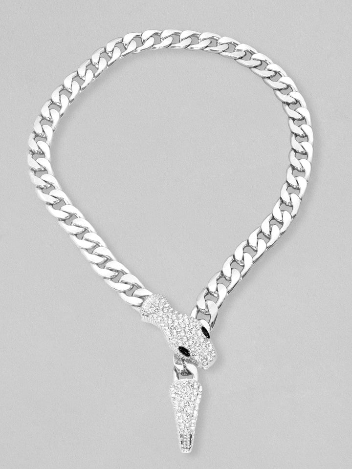 Rubans Voguish Silver Toned Link Style Serpent Chain With Zircon Stones Studded. Chain & Necklaces