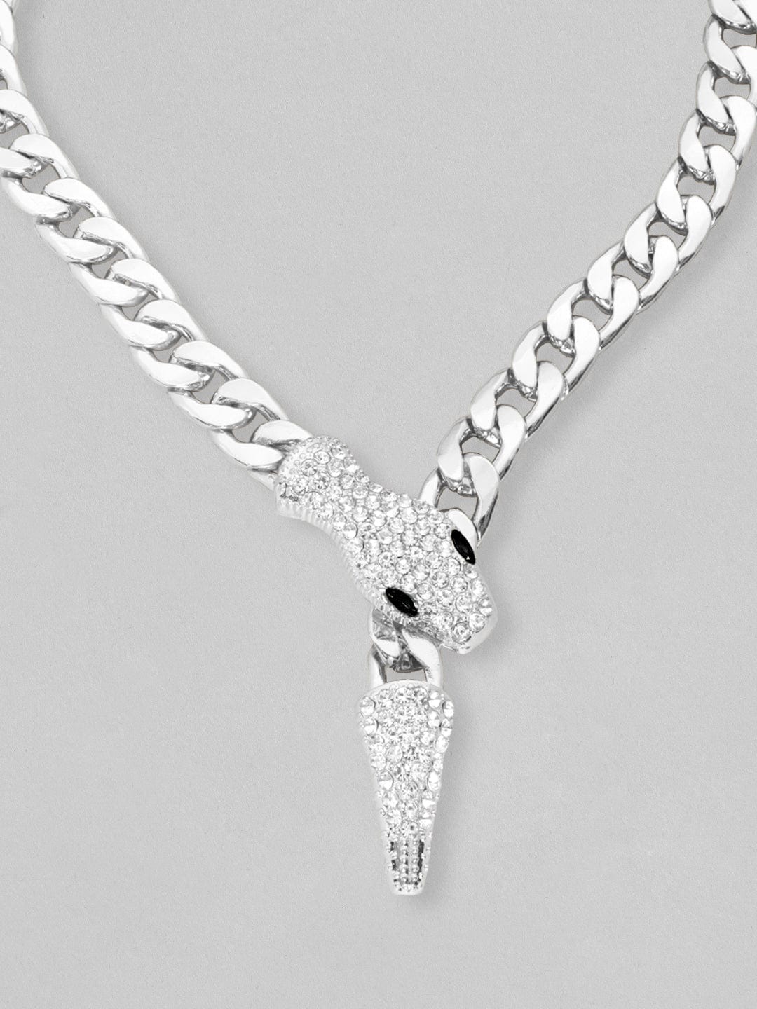 Rubans Voguish Silver Toned Link Style Serpent Chain With Zircon Stones Studded. Chain & Necklaces