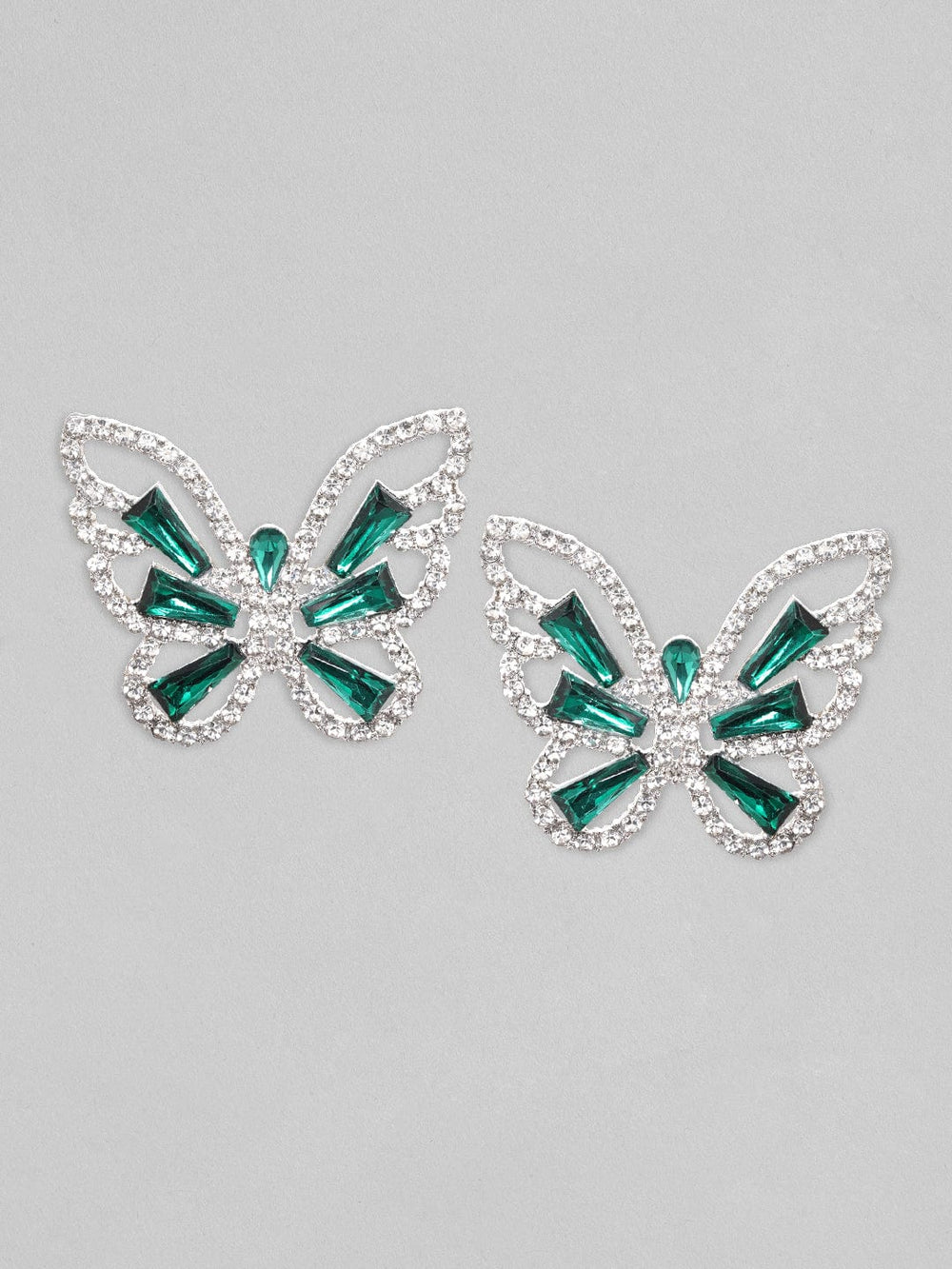 Rubans Voguish Silver Toned White & Blue Zircons Studded Butterfly Statement Earring Earrings