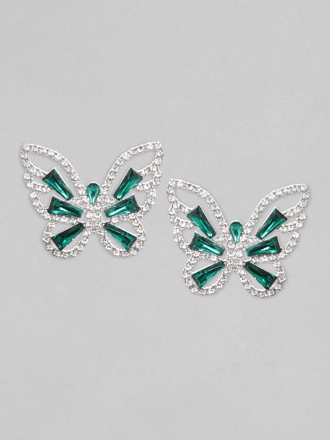 Rubans Voguish Silver Toned White & Blue Zircons Studded Butterfly Statement Earring Earrings